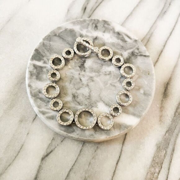Vintage Crystal Silver Chain Link Bracelet Metal Toggle Clasp Circles Unsigned - Picture 1 of 4